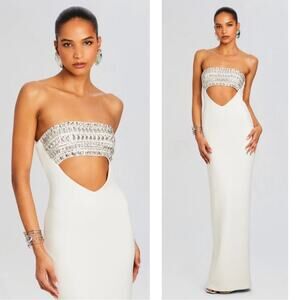 RETROFETE Swan Crystal Embellished Cutout Strapless White Maxi Dress Size Large